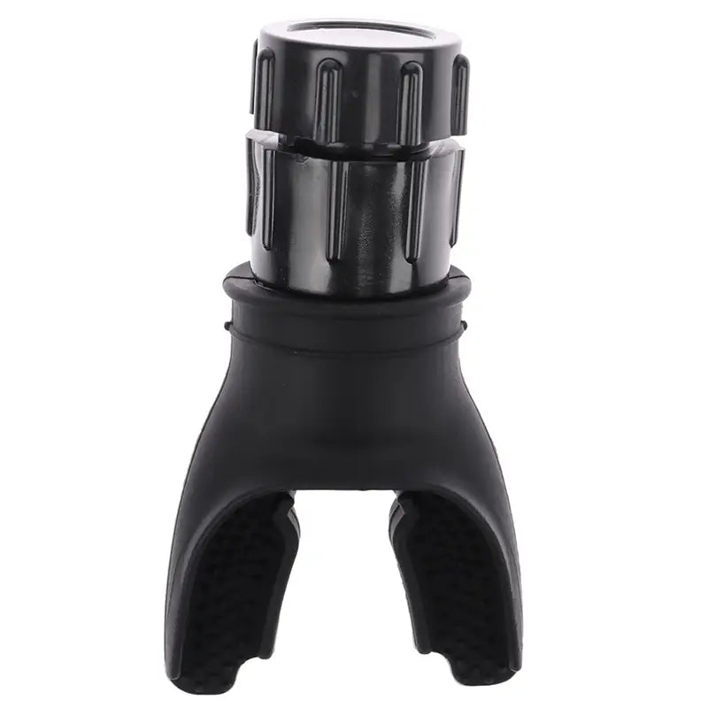 Black plastic scuba diving regulator mouthpiece with textured grip and three-pronged design used as a lung capacity training device respiratory fitness tool.