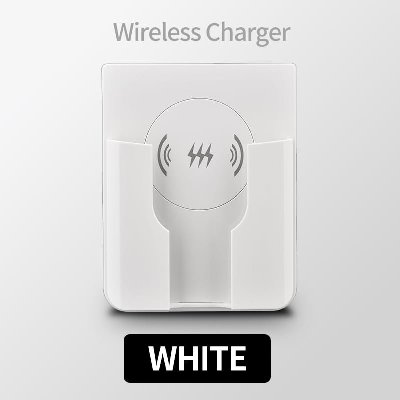 Weißes 15-W-Einbau-Wireless-Ladegerät mit elegantem minimalistischem Design, mit integriertem Telefonhalter und dezenten Blitzsymbolen für iPhone- und Android-Geräte.