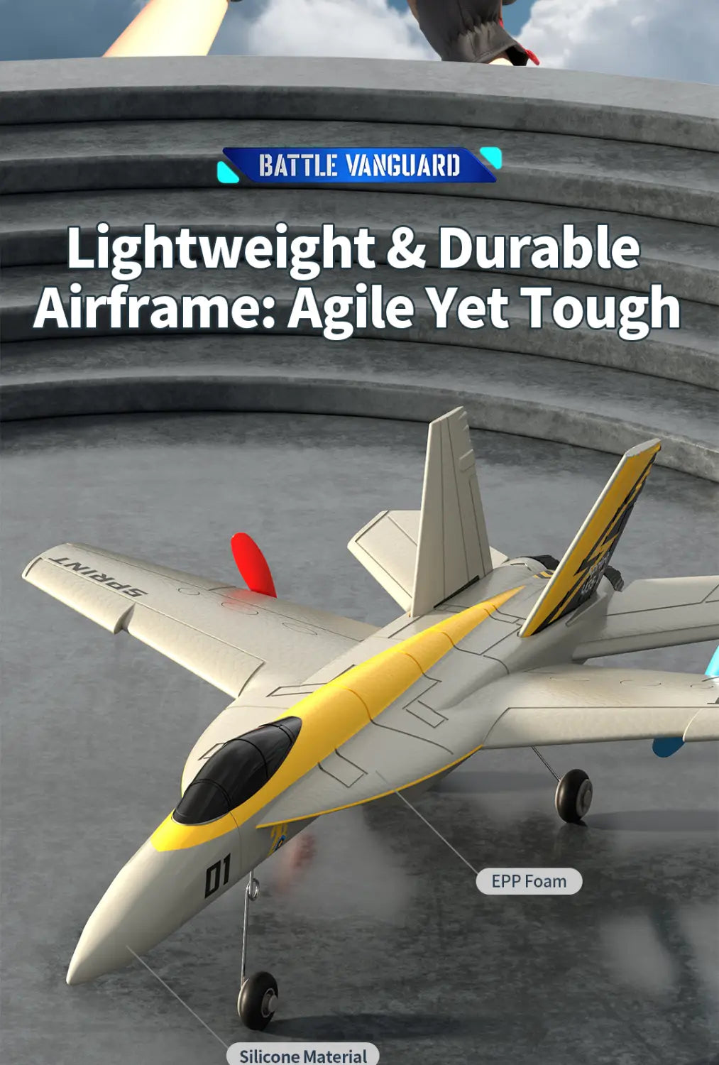 Remote control f18 hornet foam glider jet in yellow and gray with sprint branding made of epp foam and silicone material.