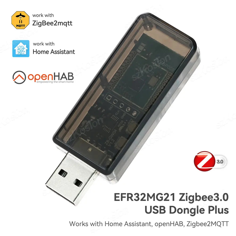 Transparent plastic zigbee usb dongle plus with silver metallic connector and internal green circuit board labeled efr32mg21 zigbee 3.0 designed for home assistant integration.