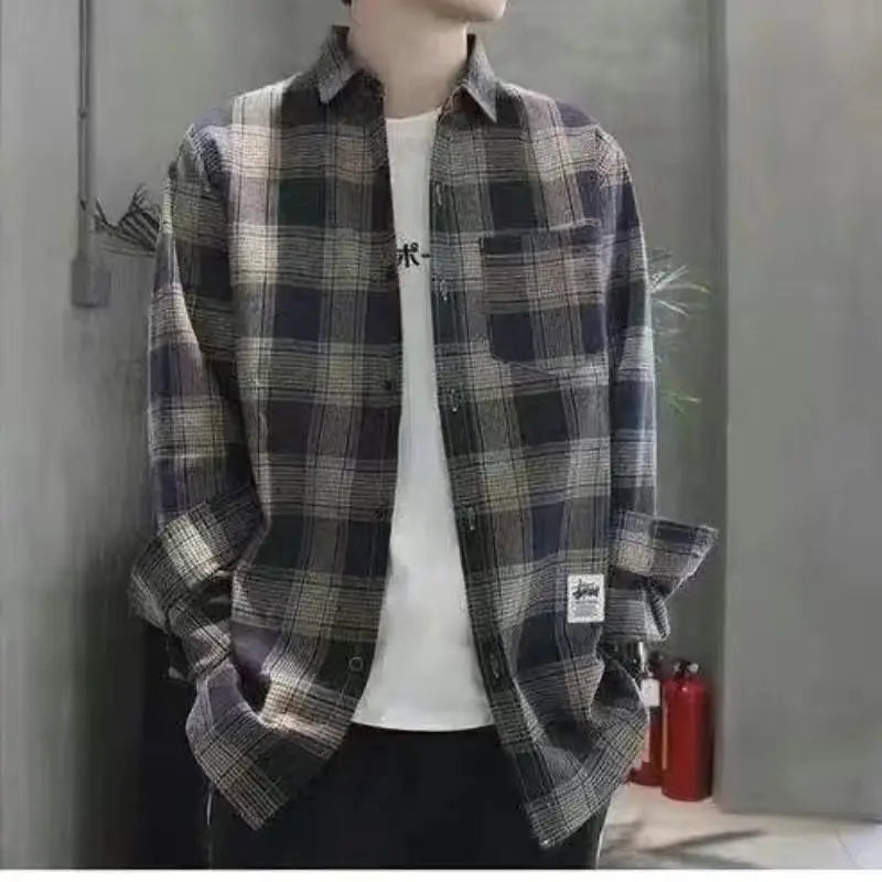 Long Sleeve Men's Shirt and Blouse Cargo Clothes with Pocket Plaid Male Top Luxury Button Aesthetic Sleeves Fashion 2025 Vintage