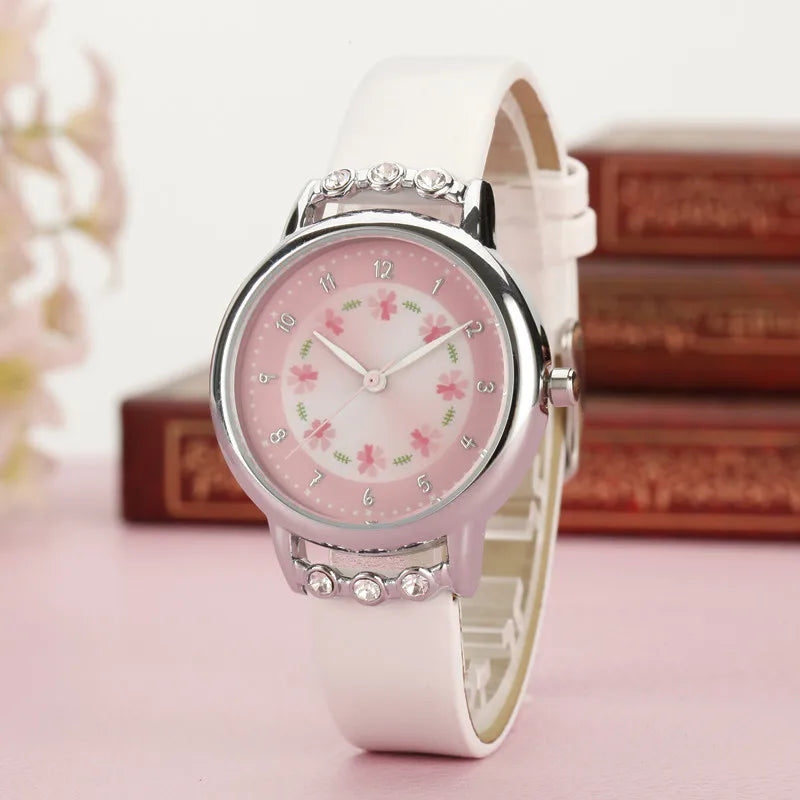 Children Kids Watches Casual Fashion Cute Flowers Students Watch Life Waterproof PU Leather Strap Quartz Wrist Watch For Girl
