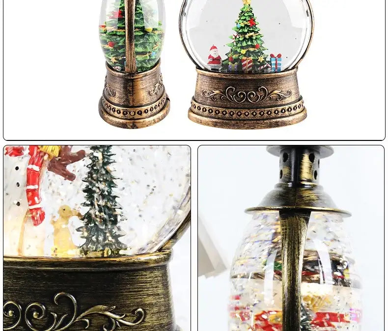 Antique brass-finished Christmas lantern snow globe music box featuring a clear glass dome with miniature Christmas trees, Santa Claus figures, and falling glitter.