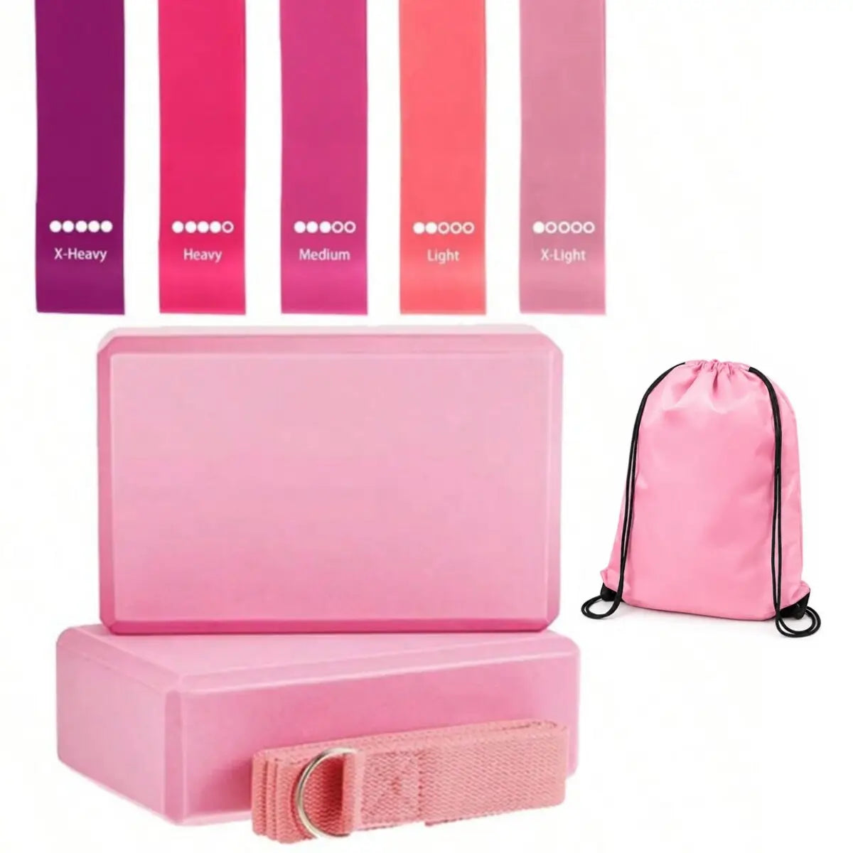 pink 5-level resistance bands set with non-slip eva blocks includes resistance bands and a drawstring bag for versatile workout use