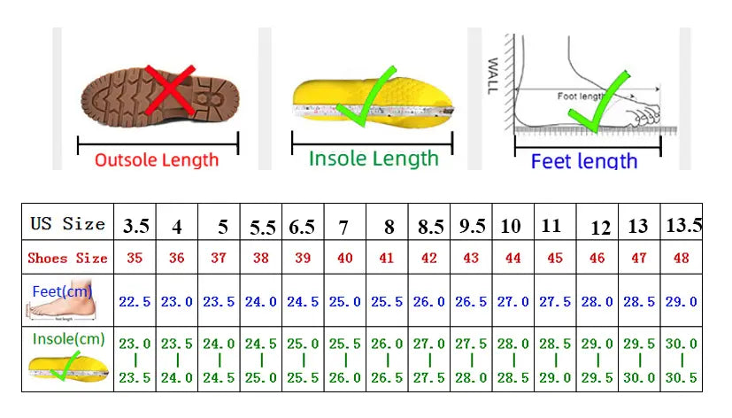 The chart displays a size conversion guide for men genuine leather slip-on dress loafers showing us sizes and corresponding foot lengths.