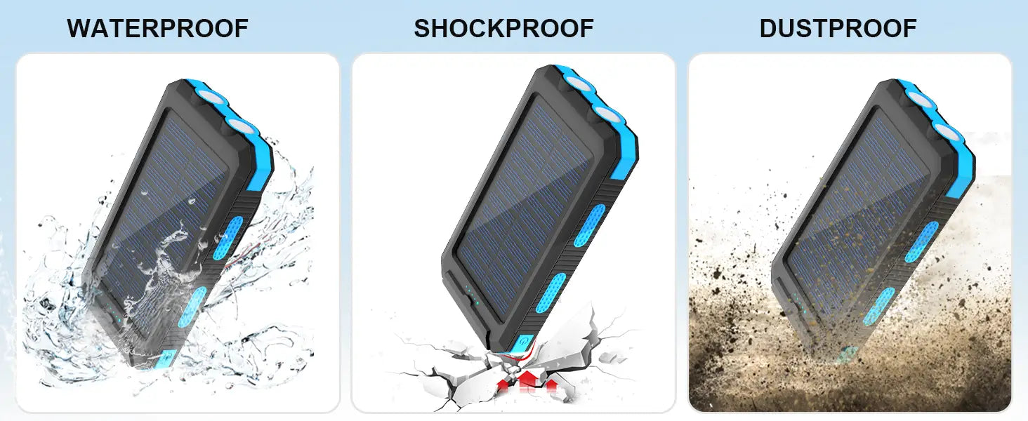 Schwarzes und blaues robustes Handy-Etui mit verstärkten Kanten, von der Rückseite dargestellt, für die Solar-Powerbank 50000 mAh tragbares Ladegerät.