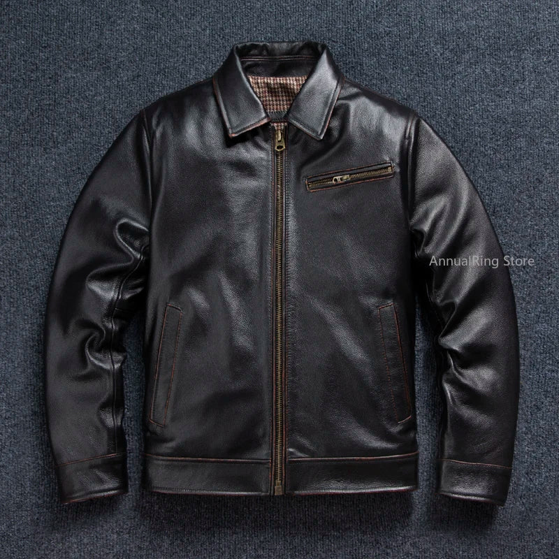 1930s Tooling Leather Jacket Men's First Layer Cowhide Business Genuine Leather Jacket Tea Core Cowhide Jacket Lapel