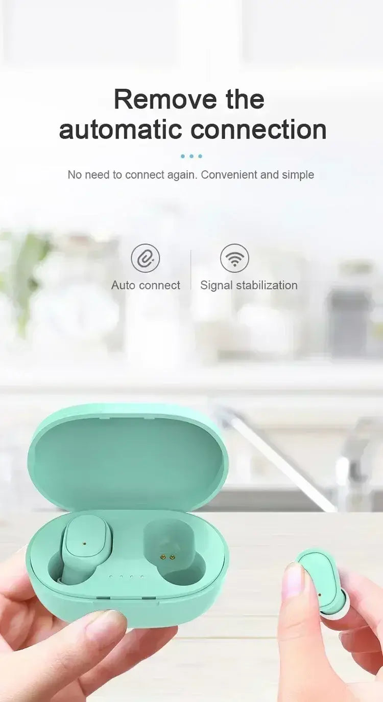 ミントグリーンのBluetooth 5.3 TWSワイヤレスイヤホン。洗練されたポリマーリチウム電池のデザインを採用し、同色の280mAh充電ボックスに収められます。