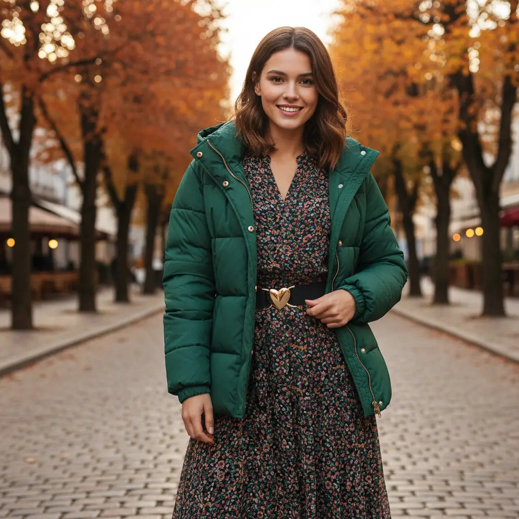 Doudoune matelassée vert émeraude, avec fermeture éclair et détails de boutons ton argent, associée à une ceinture élastique à boucle en forme de cœur pour femme.