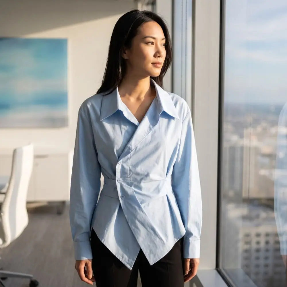 Formal Wear Irregular Long Sleeve Shirt Waist-cinching V Collar Women Blouse Slim Fit Elegant Shirt Top Office