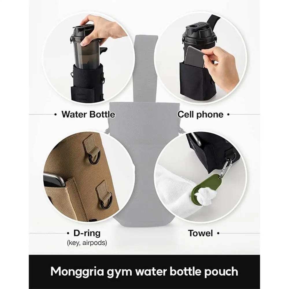 Sangle porte-bouteille d’eau de sport magnétique noire « monggria » avec fermeture sécurisée et plusieurs compartiments pour le téléphone, les clés, les AirPods et le rangement de la serviette.