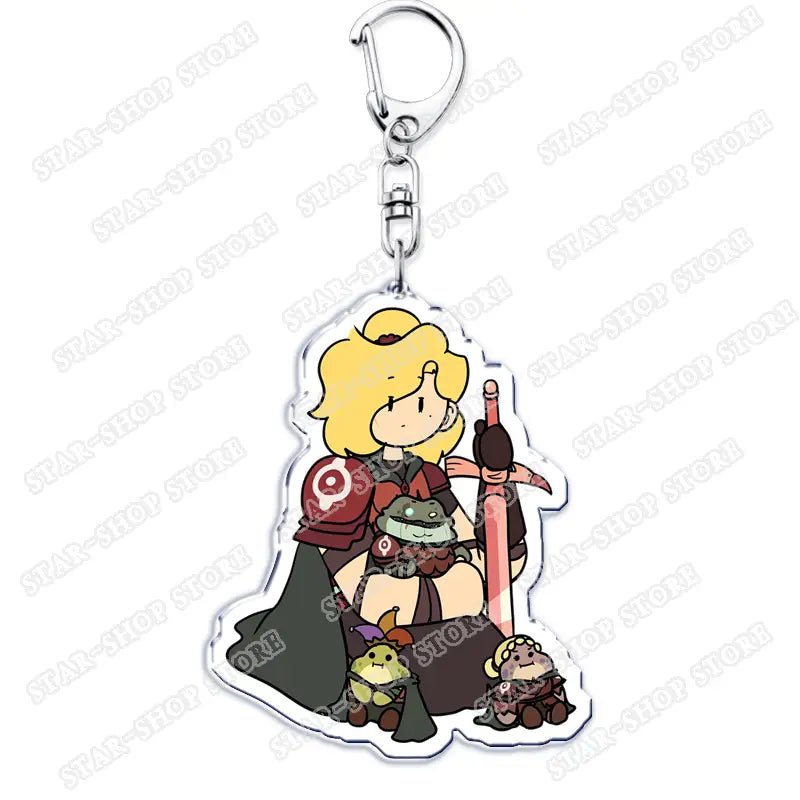 Clear acrylic keychain featuring a chibi-style blonde-haired character in red armor with a sword and small creatures from Amphibia anime cartoon keyring.