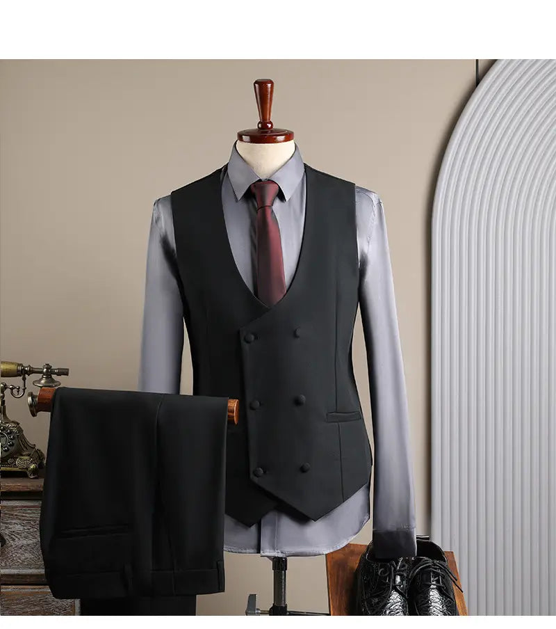 Gilet de costume d’affaires pour homme noir à double boutonnage, coupe ajustée élégante et léger brillant, provenant de l’ensemble costume d’affaires pour homme slim fit en trois pièces, idéal pour les occasions d’affaires en mode masculine ou de soirées décontractées.