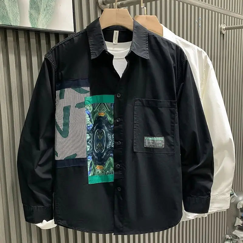 Black long-sleeved men printed casual shirt with a bold green and blue abstract striped and mirrored patch on the chest.