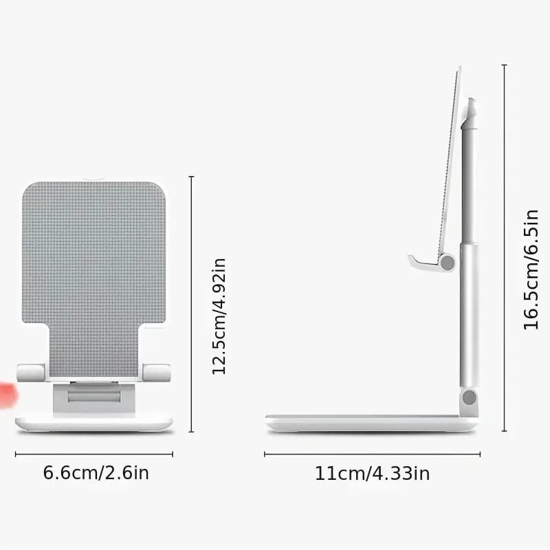 Support réglable en plastique blanc pour téléphone de bureau et tablette en argent, avec un panneau arrière en maille grise texturée et une hauteur réglable, présenté depuis l’arrière.