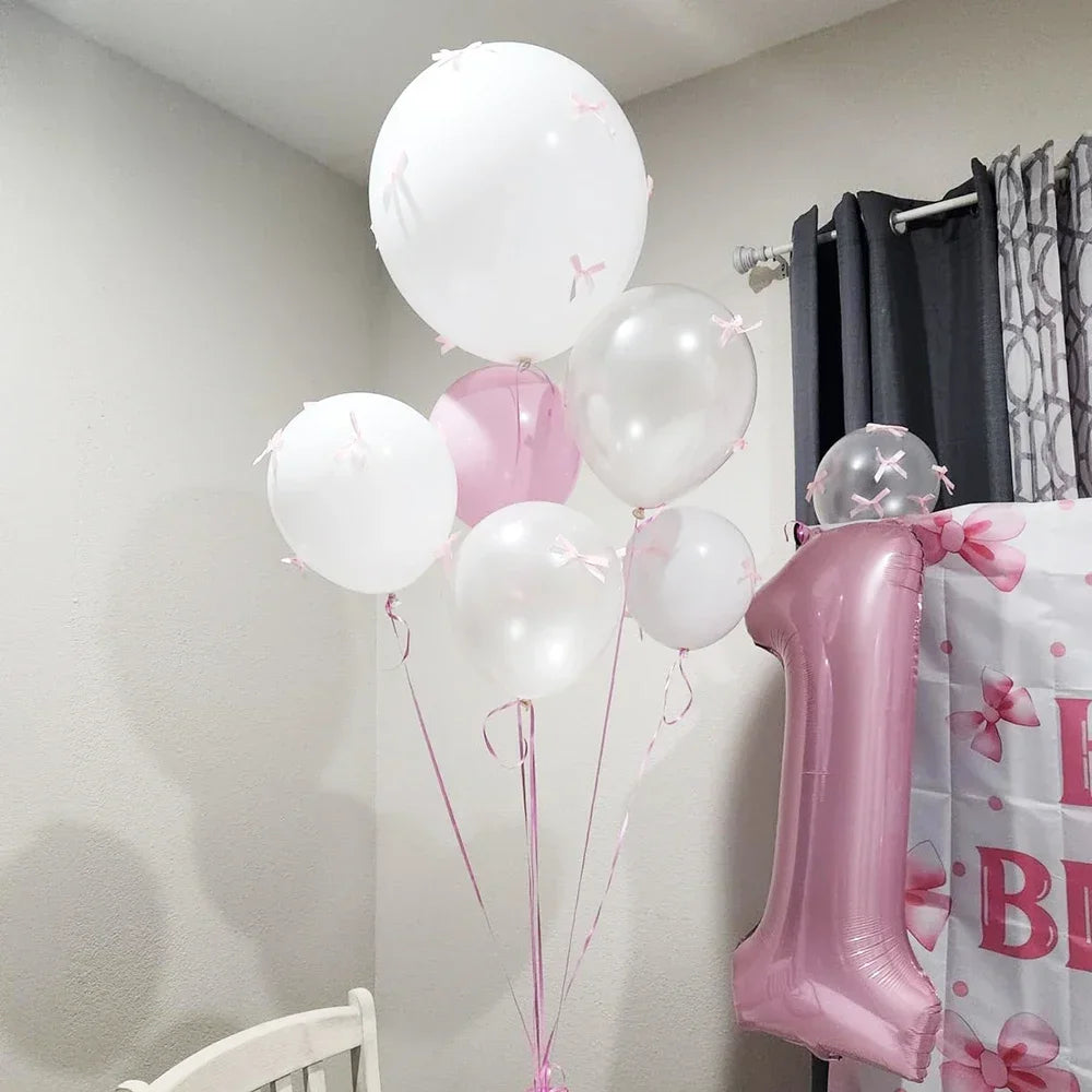 Bow Balloons Set White Balloon Mini Pink Ribbon Bows Girls Birthday Party Decor Birthday party Wedding Bridal Valentine's Day