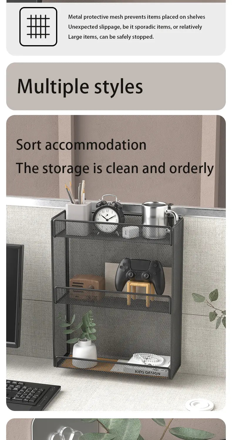 black metal mesh three-tier desk organizer with grid pattern and open shelves designed for wall mounting as a five-tier white file organizer