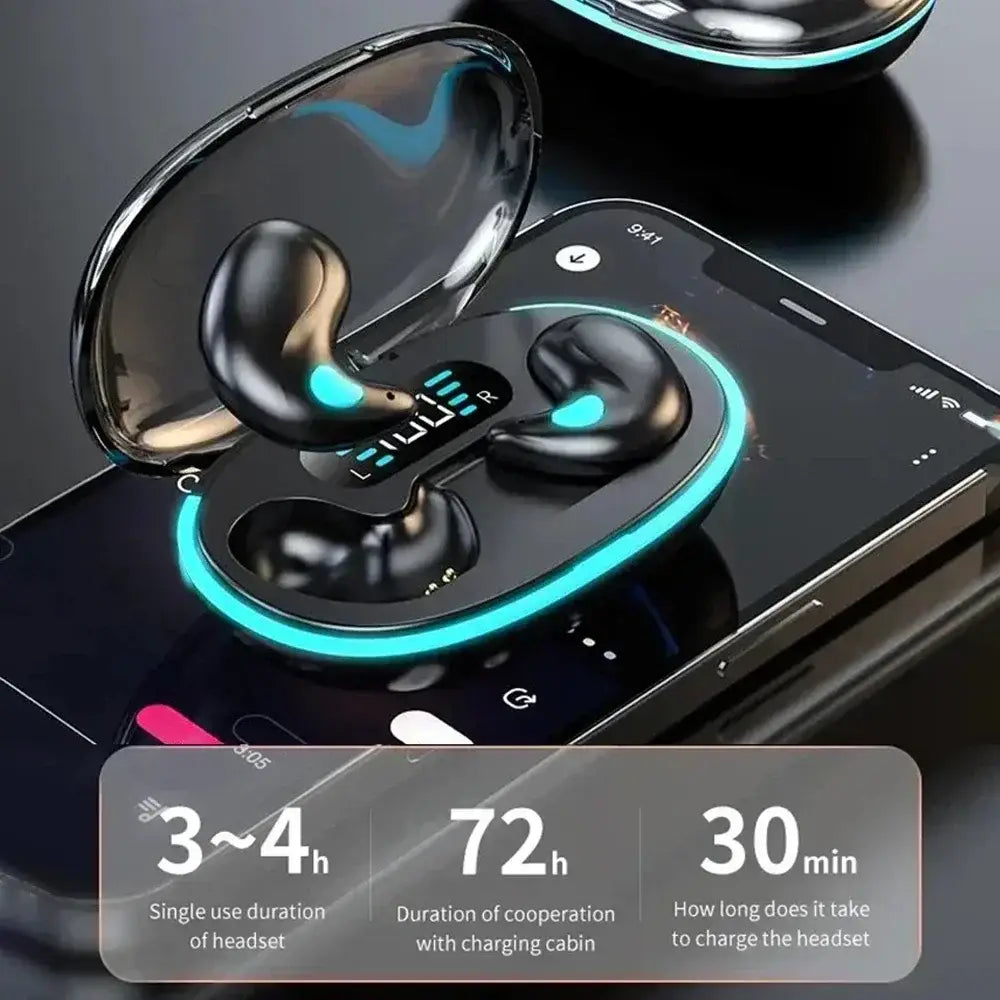 Black wireless sleeping earbuds Bluetooth 5.3 mini headphones with teal LED lighting in a sleek glossy charging case.