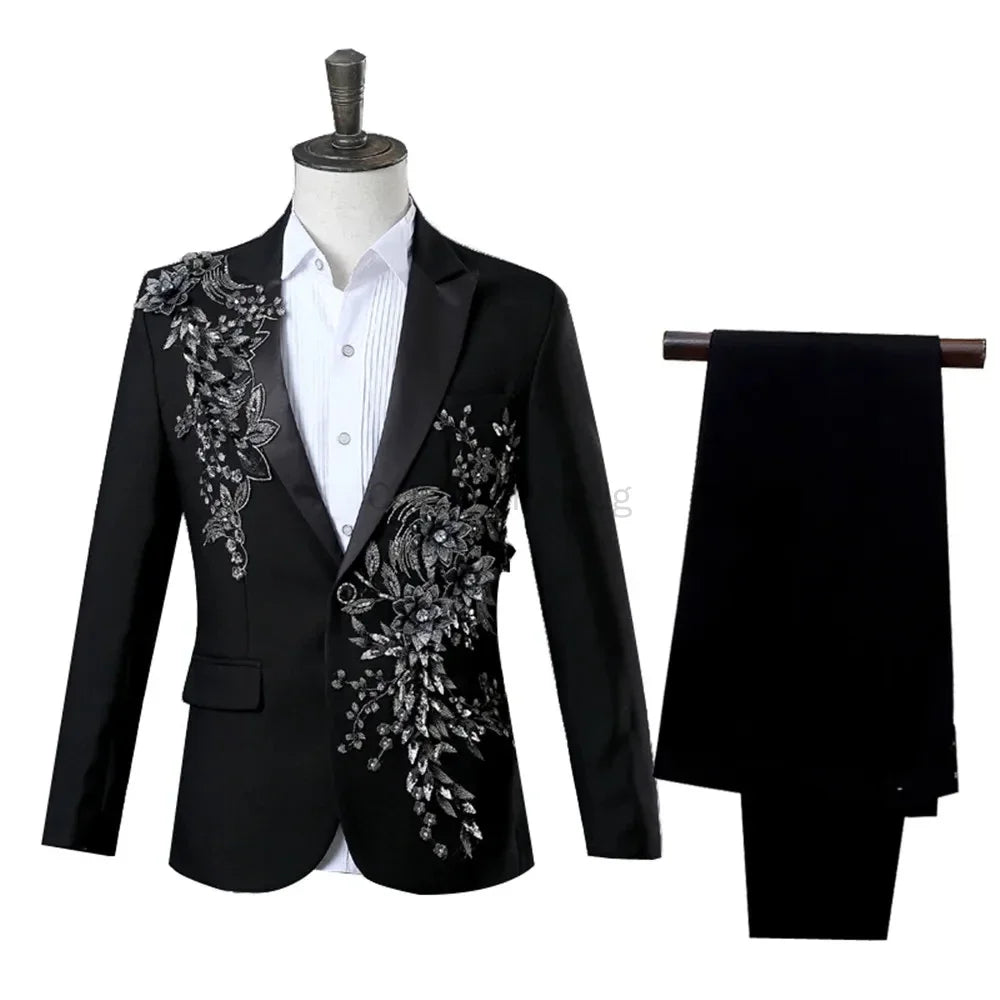 Men's Black Suit with Silver Floral Embroidery 2-Piece Formal Tuxedo Set Stage Performance Wedding Party Blazer and Pants Suit