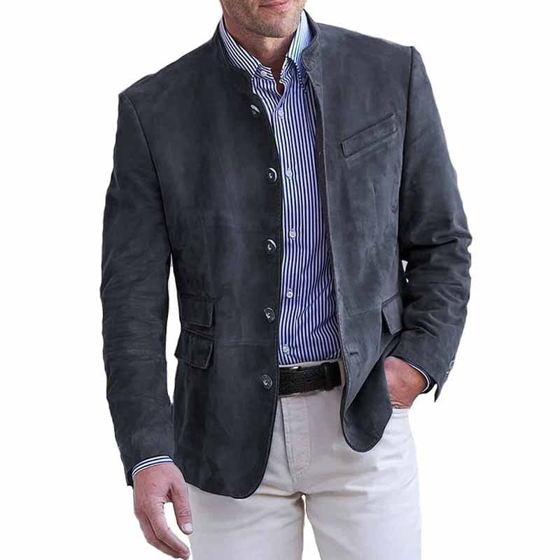 Dunkelgrauer Herren-Einreiher-Wildlederblazer mit Stehkragen und Knopfschließe.
