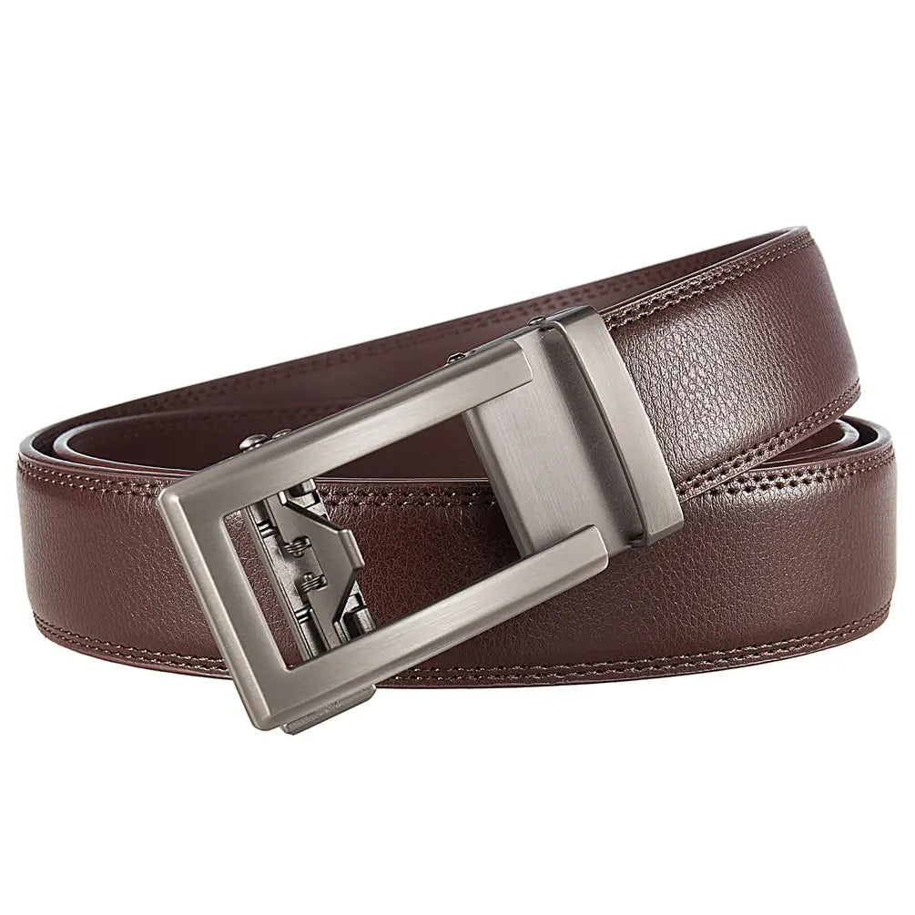 Mens automatic leather belt in brown with a sleek silver-toned automatic buckle and formal black strap.