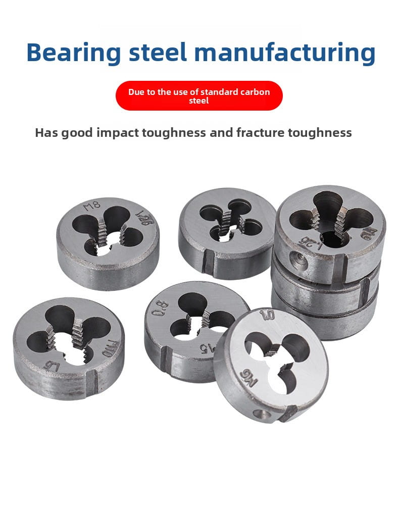 Set of metallic silver-colored bearing steel tap dies with engraved size markings for thread cutting in a tap and die set thread cutting tool kit.