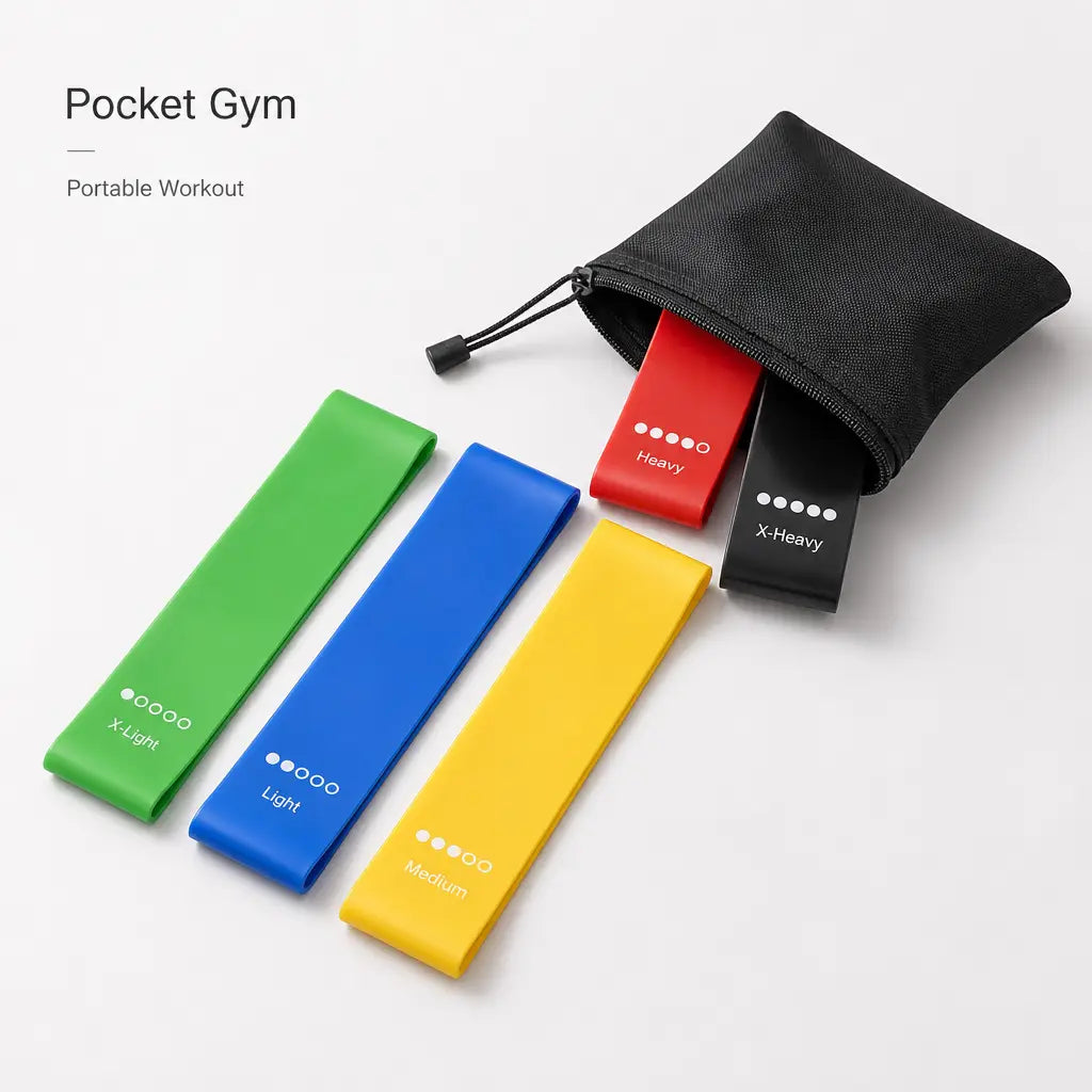 Set of colorful elastic resistance bands in green blue yellow red and black made of durable material neatly arranged beside a black fabric carrying pouch for home fitness workout.