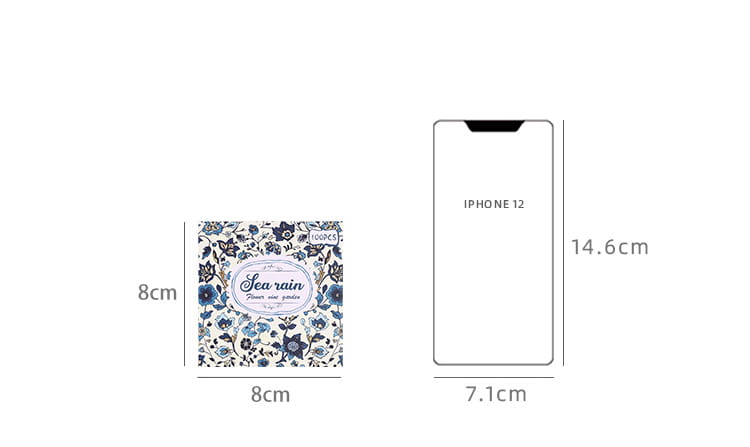Back side of a blue and white floral-patterned sea rain branded phone case for iphone 12 featured in vintage scrapbooking paper and journaling supplies.
