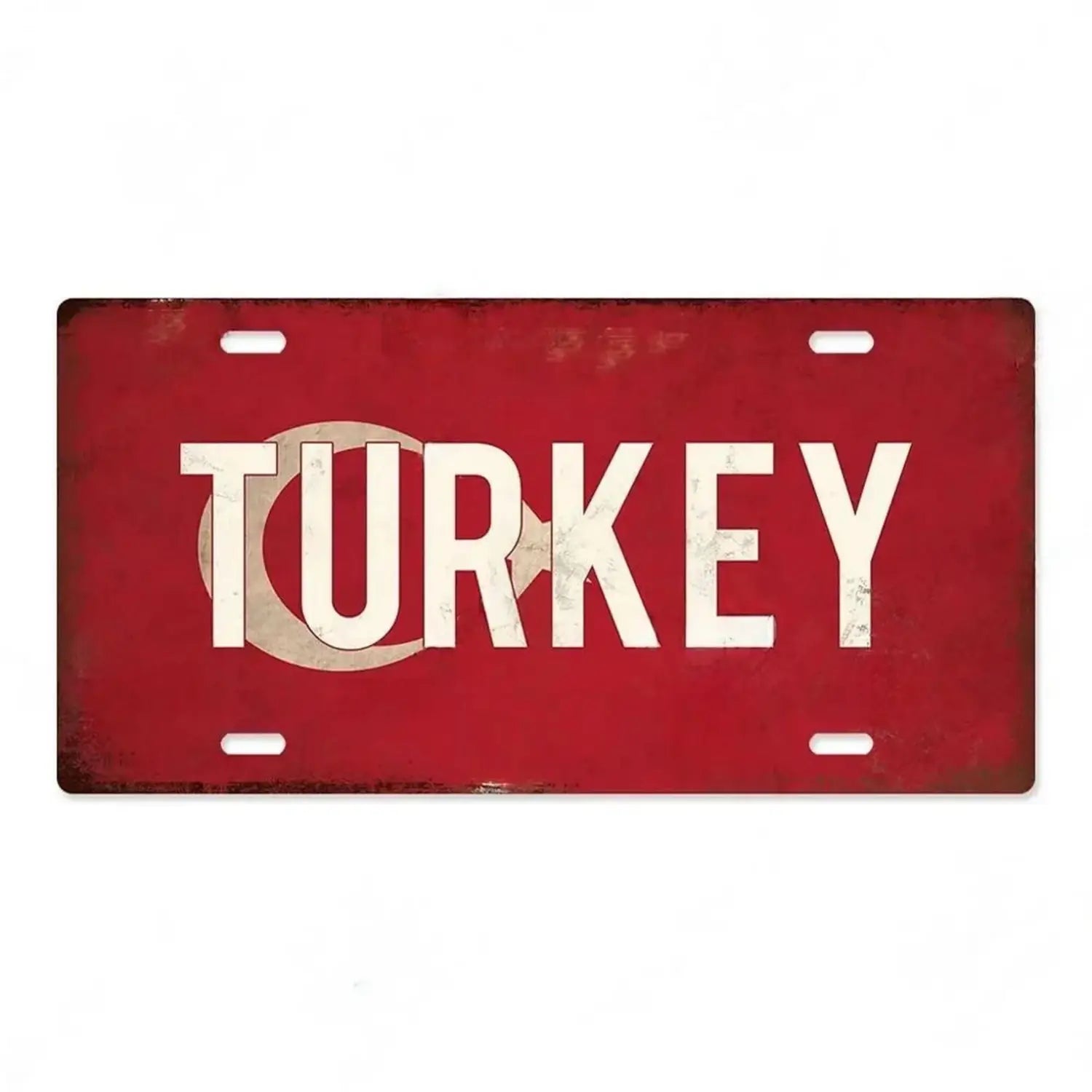 red metal license plate with turkey in white lettering and a faded turkish flag emblem as vintage wall decor complementing india flag themed metal license plate collection.