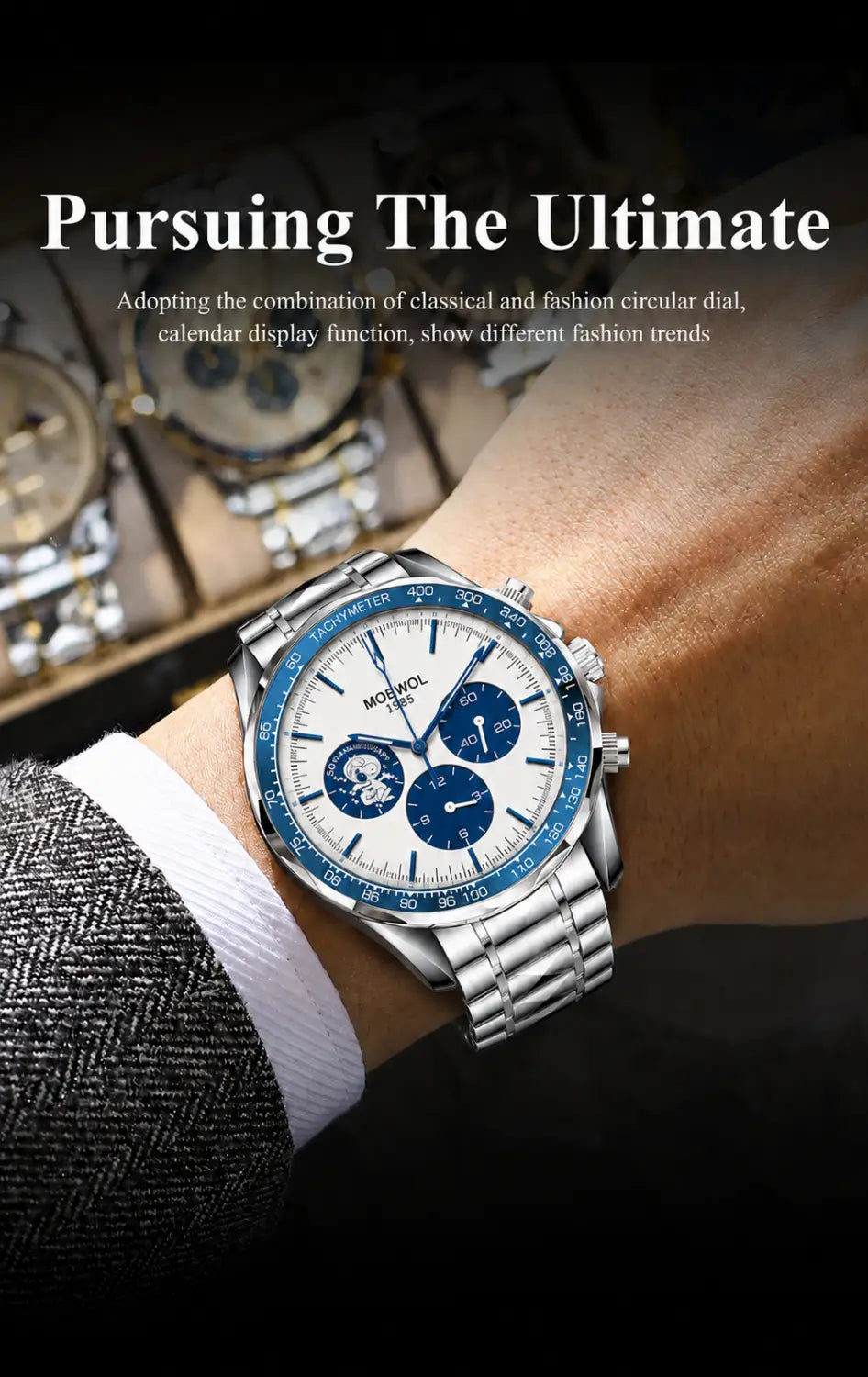 Herren-Silber-Chronograph-Quarzarmbanduhr mit Edelstahlgehäuse, weißem Zifferblatt sowie blauen Hilfszifferblättern und Lünettenakzenten.
