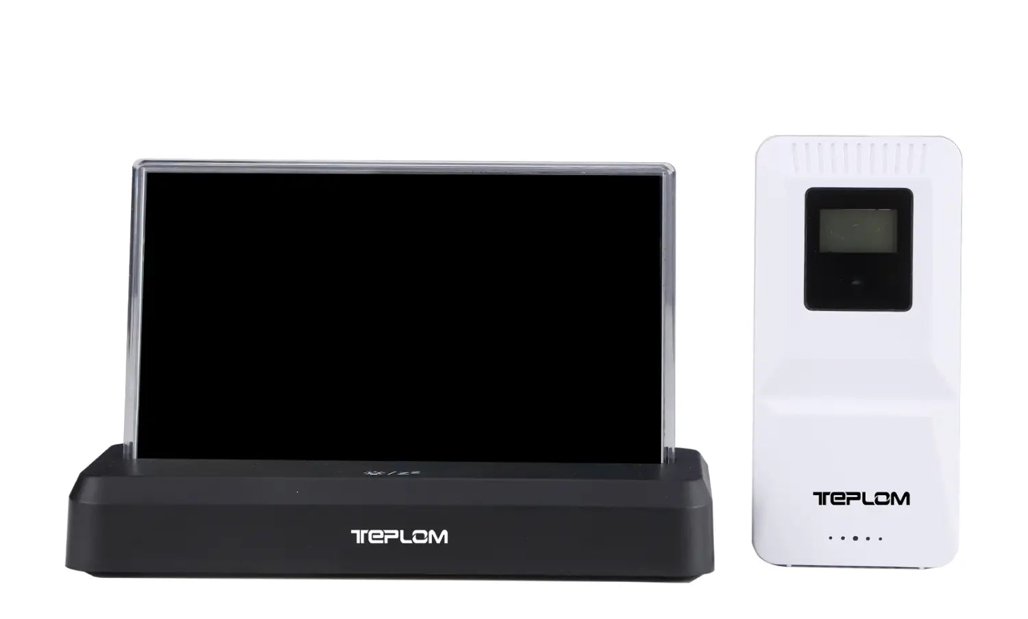 black and white teplom wireless weather station with indoor outdoor temperature display featuring a sleek digital unit and compact receiver powered by lr6 aaa batteries