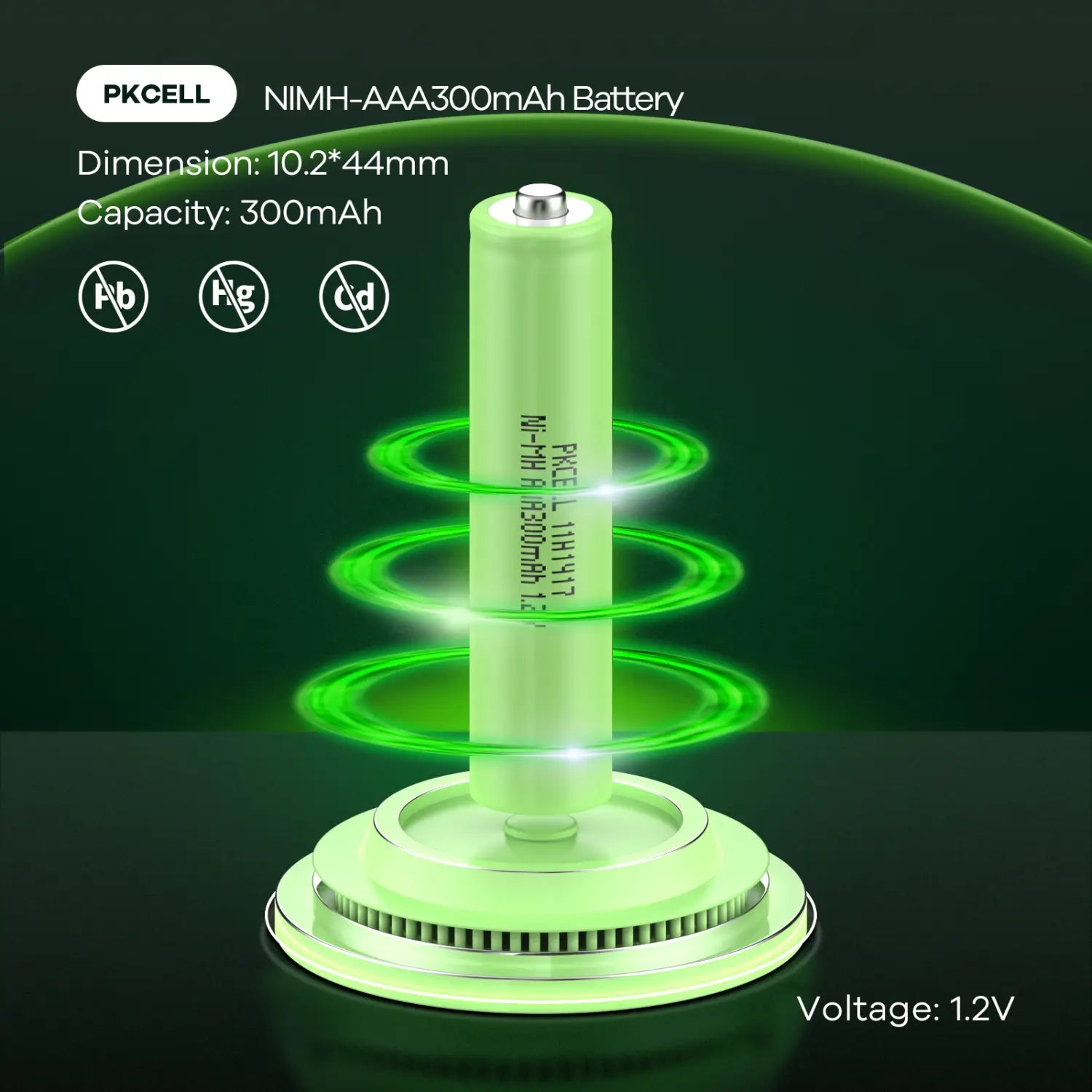 Une batterie rechargeable au NiMH AAA 300 mAh pkcell vert citron avec un dessus métallique et des spécifications imprimées affichées sur une base circulaire assortie, pour des batteries rechargeables au NiMH 300 mAh, lot de 20.