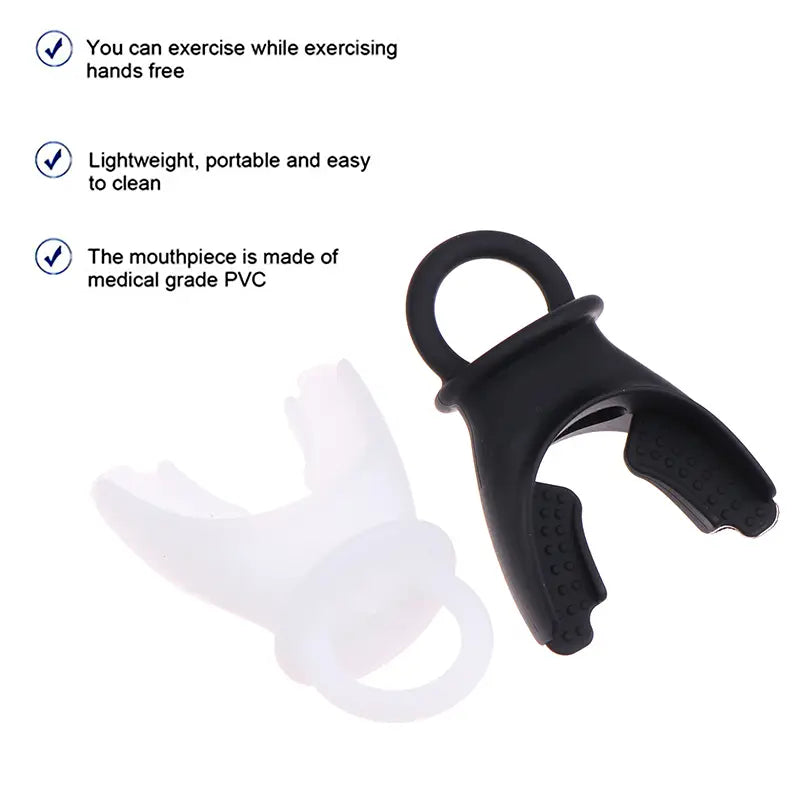 black and translucent white mouthpieces made of medical grade pvc for a lung capacity training device designed for hands-free respiratory fitness exercises