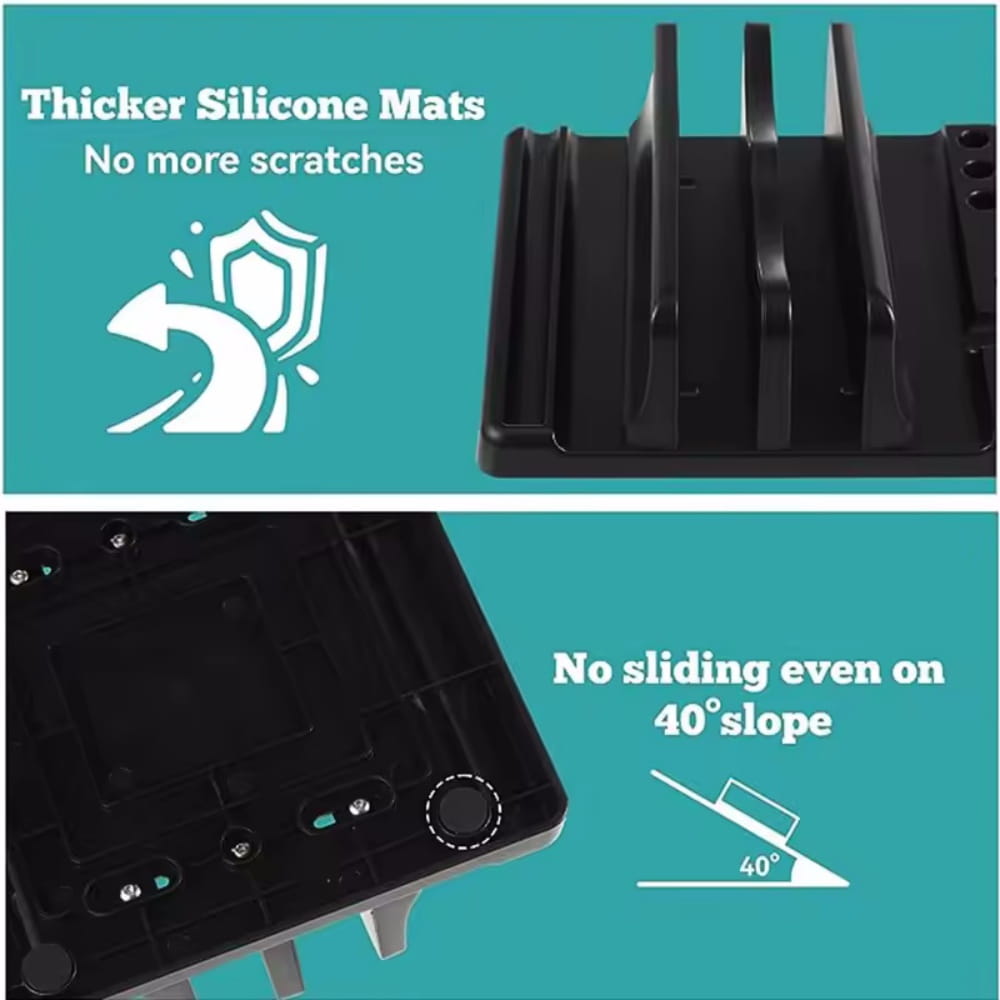 Black silicone tablet stand with three vertical slots featuring adjustable width and opening size to prevent scratches and remain stable on steep surfaces.