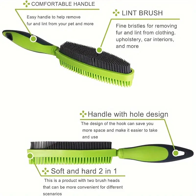 Silicone pet hair remover brush in green and black with dual brush heads for removing fur and lint.