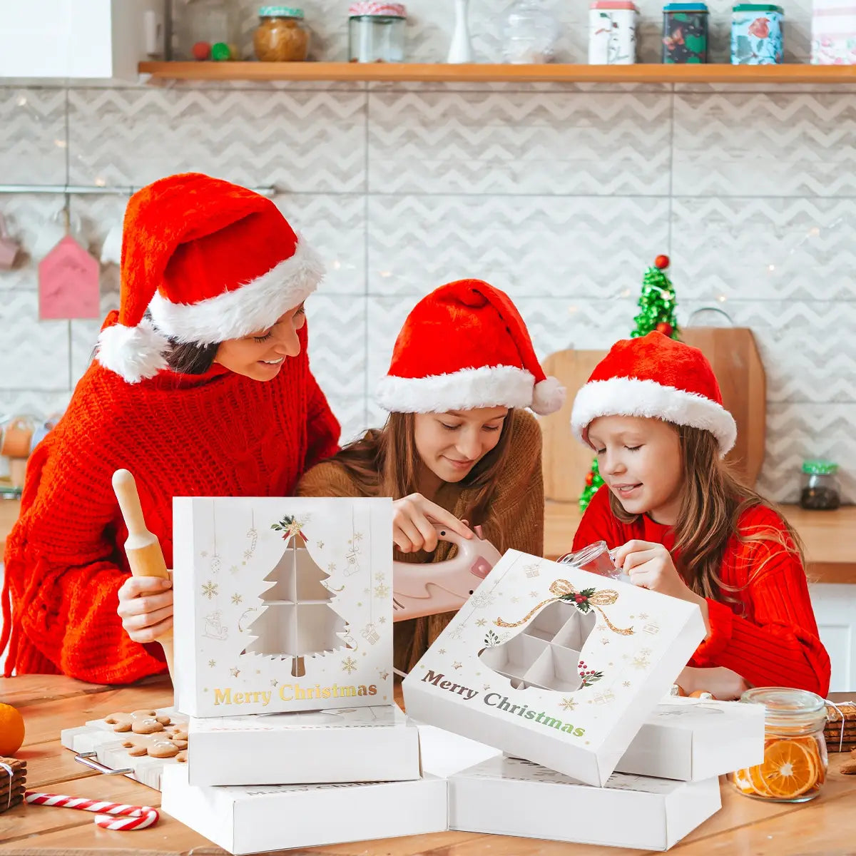 white christmas-themed gift box with gold foil accents and festive holiday designs for cookie treat packaging