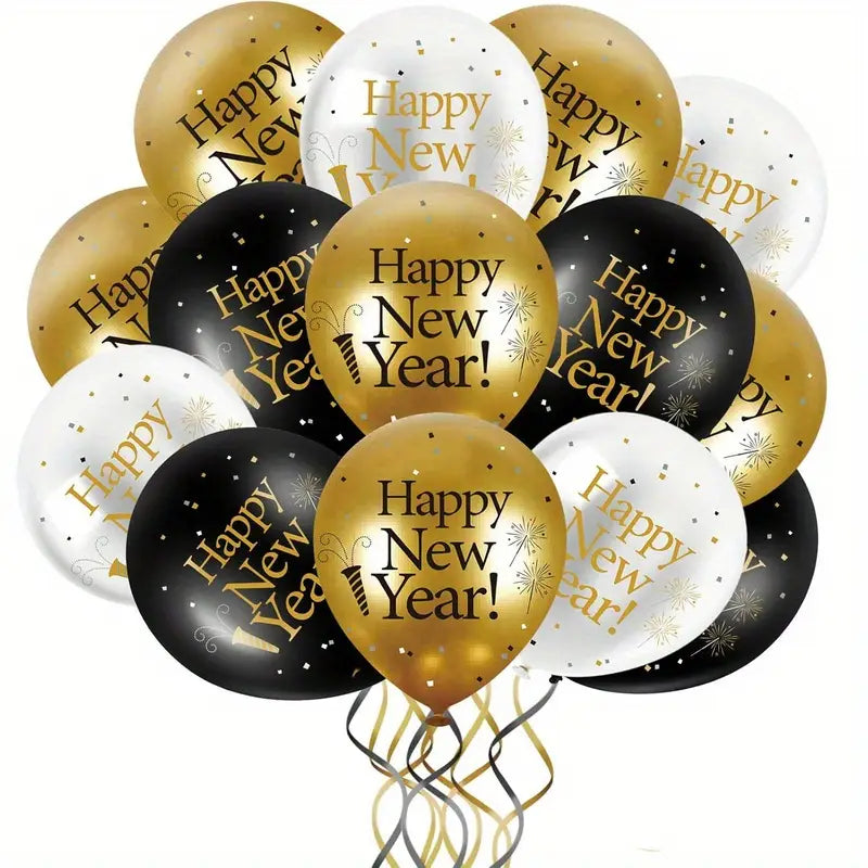 a festive cluster of black white and gold happy new year balloons with glittering confetti patterns in the 2026 new year balloon set party decors