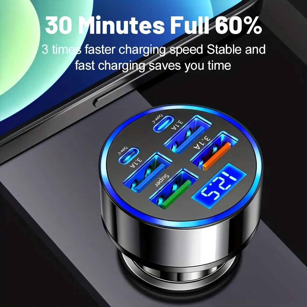 Silver cylindrical 6-in-1 fast charging car adapter in black with multiple usb ports including one orange and one green port labeled super for fast charging.