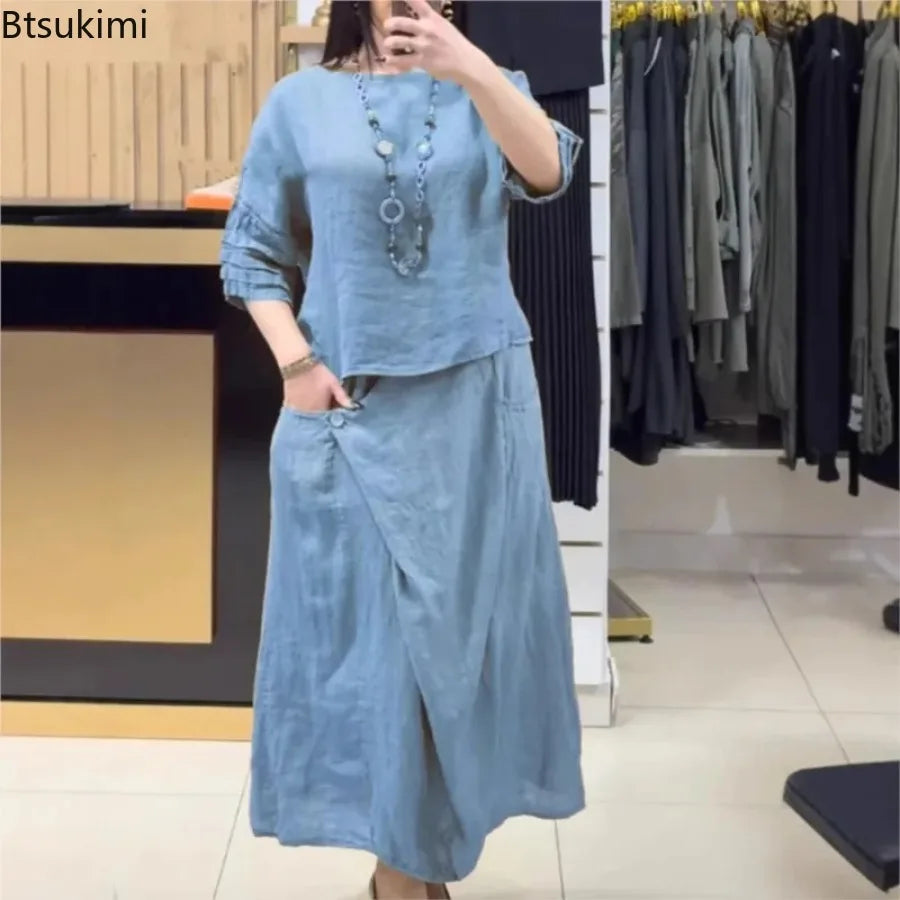 2025 New Chic Women's Two Piece Set Casual Solid Color Blouse Top And Loose Midi Skirt Suit 2 Piece Sets Lady Elegant Outfit