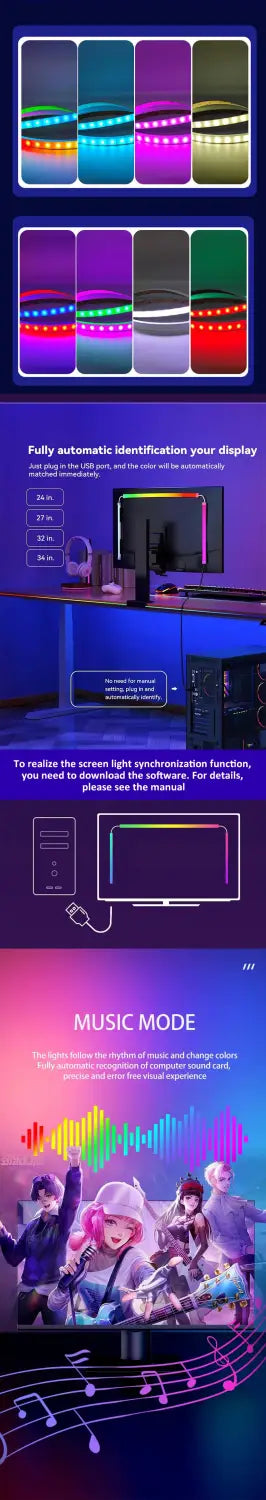 Tira de LED RGB para sincronización ambilight de la pantalla del PC, con una tira de luz elegante con opciones de color personalizables y funcionalidad de sincronización con música para realzar la iluminación de la pantalla.