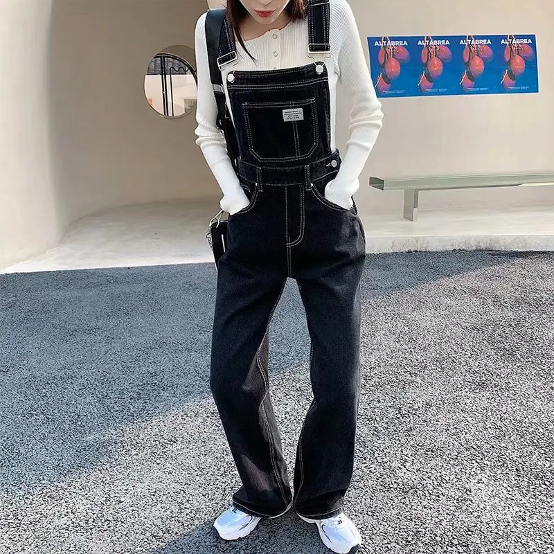 Women Casual Denim Overalls Spring Autumn Buttons Pockets High Waist Straight Jeans Korean Style Fashion Jumpsuit Pants