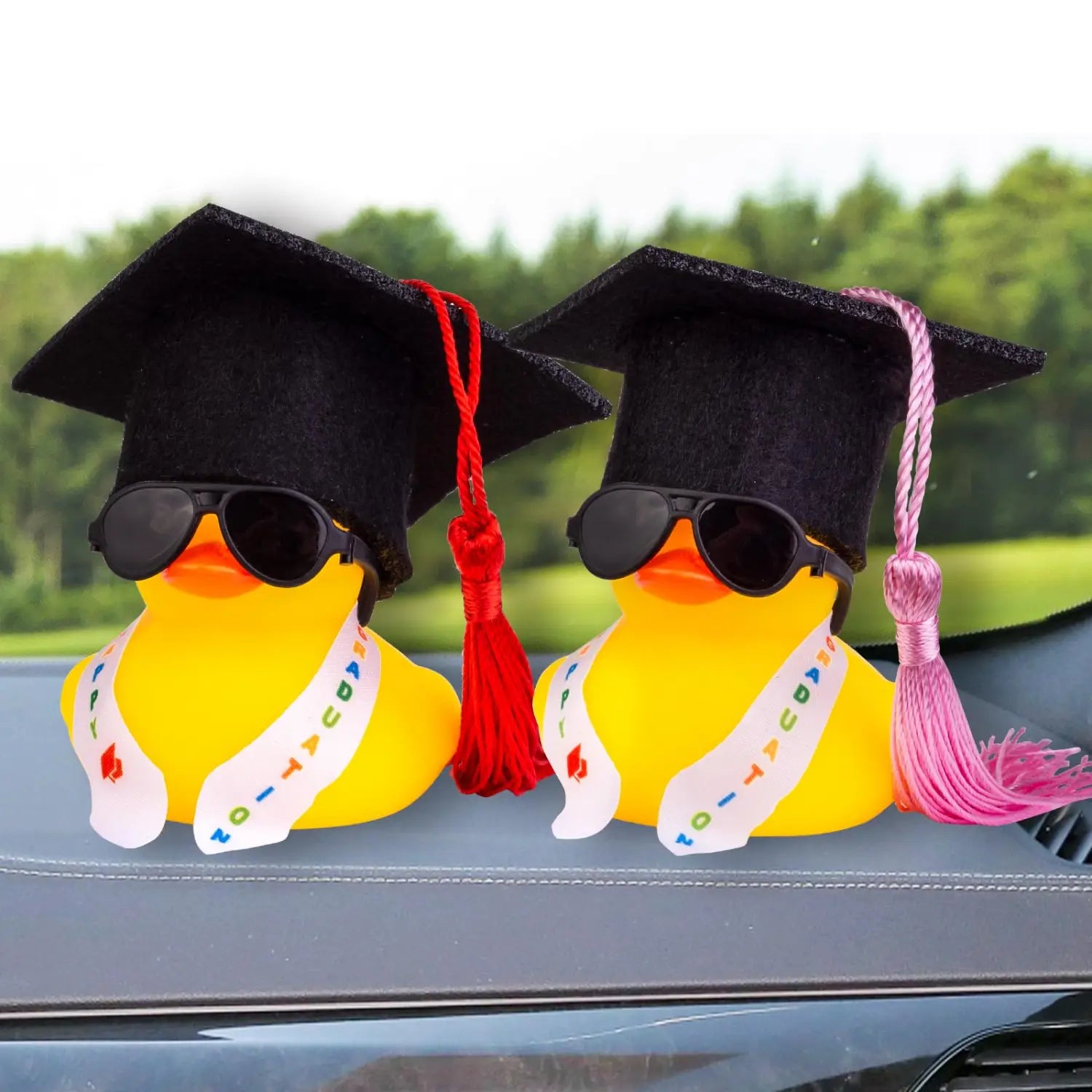 Two yellow rubber duck graduates wearing black mortarboard caps with tassels, sunglasses, and white sashes that read congratulations in colorful letters in the graduation rubber duck with cap and tassel product.