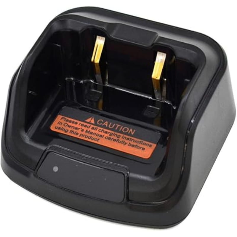 schwarze Kunststoff-Ladegerät-Wiegeleiste ch10l23 für Desktop-Ladegeräte mit goldfarbenen Kontakten und einem orangefarbenen Warnhinweis-Aufkleber, ausgelegt für Hytera BD502i, BD552i, BD612i Funkgeräte