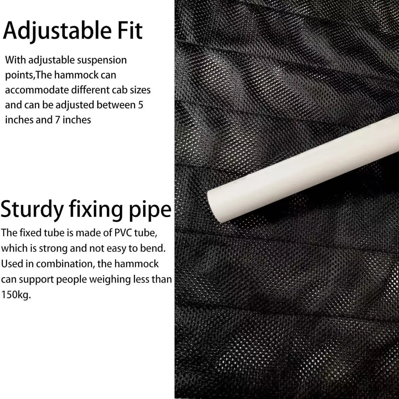 Tubo de PVC blanco utilizado como un componente de fijación resistente para una hamaca de viaje para cabina de camión con malla de poliéster negro