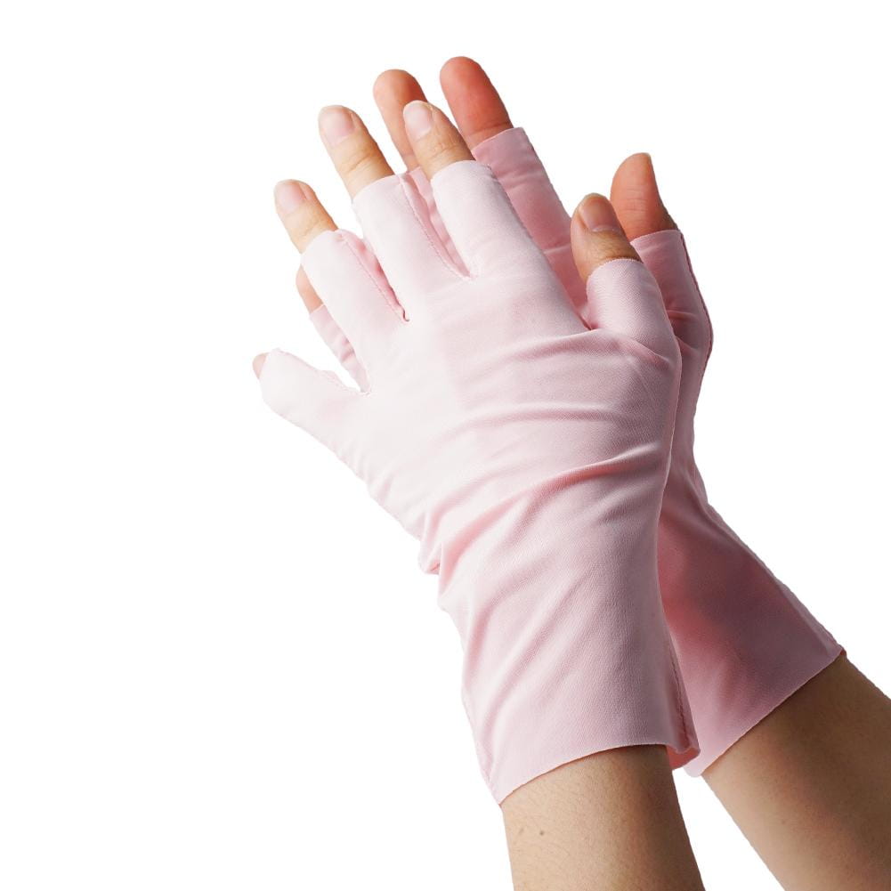 Pink uv protection fingerless sunscreen driving gloves made of soft stretchy fabric displayed from the back side.