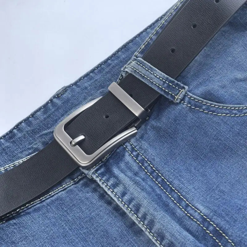 Black leather men leather belt classic pin buckle business casual with a silver-toned rectangular buckle.