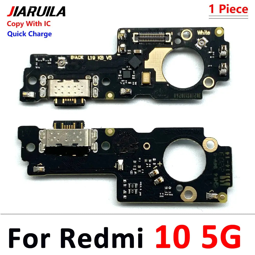 Schwarze Leiterplatte mit goldfarbenen Verbindern und USB-C-Anschluss für den USB-Lade-Ersatz, ausgelegt für Xiaomi Redmi 10 5G, mit Merkmalen für Schutzzeit über China Post.