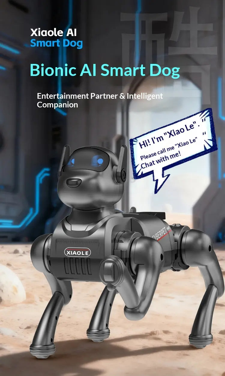 The ai smart robot dog is a sleek metallic gray bionic electronic pet with glowing blue eyes and articulated limbs designed for interactive use.