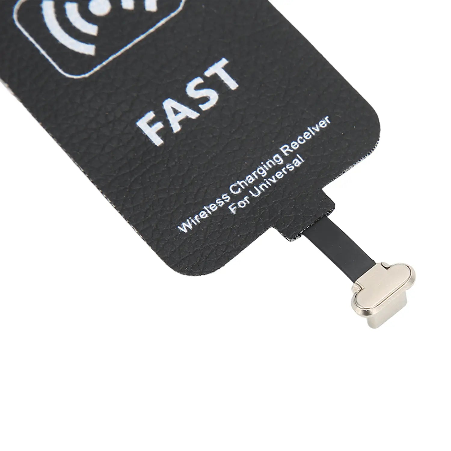金属製コネクタと「FAST」表記を備えたブラックのレザー調凹凸ワイヤレス充電レシーバータイプC 10W。ワイヤレス充電向けに設計