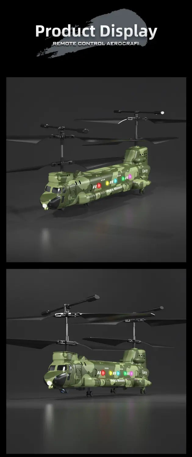 Helicóptero teledirigido de camuflaje verde con luces luminosas rojo, amarillo y verde, diseñado para fotografía aérea y para el desarrollo de habilidades.